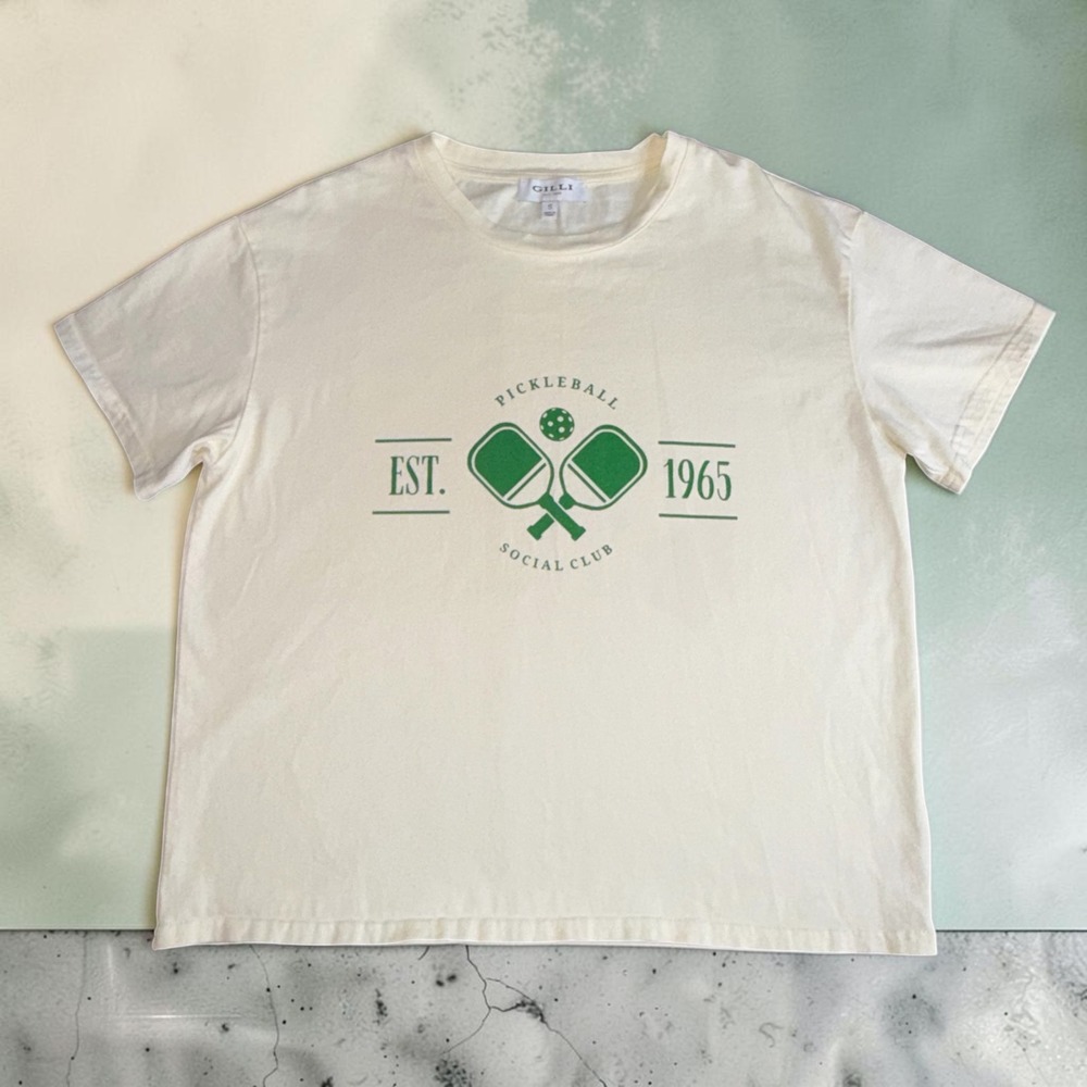 Gilli Pickleball Social Club Graphic Tee Cream Green Cotton Shirt MT6971G-7 S